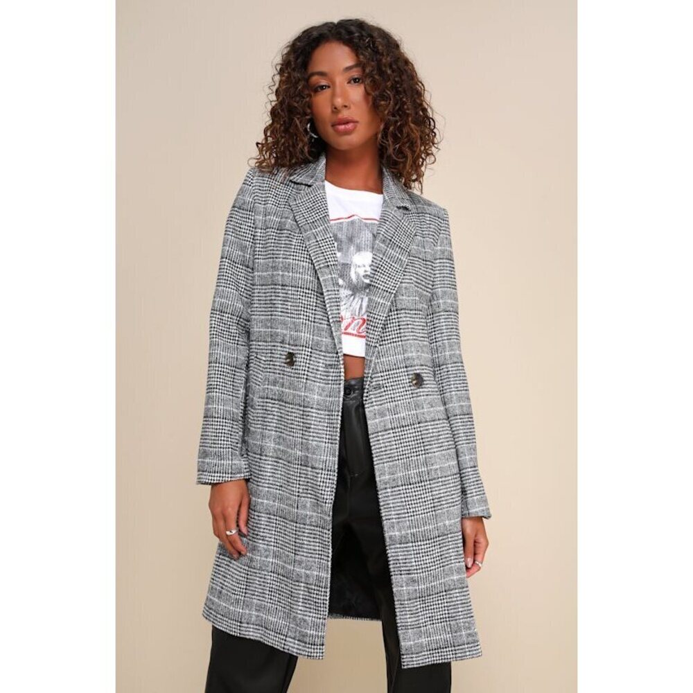 Lulus Chilly Out Black And White Glen Plaid Long Coat - Size XL